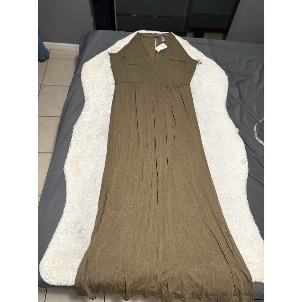 Neiman Marcus XL Olive Green Camouflage Heather Jersey Knit Belted Maxi Dress